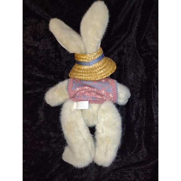 Plush Stuffed Jointed Easter Bunny Rabbit with Pink Blue Sweater and Straw Hat - Picture 6 of 6